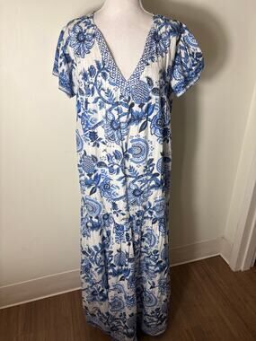 La Plage Blue and White Flutter Sleeve Maxi Dres Sz M